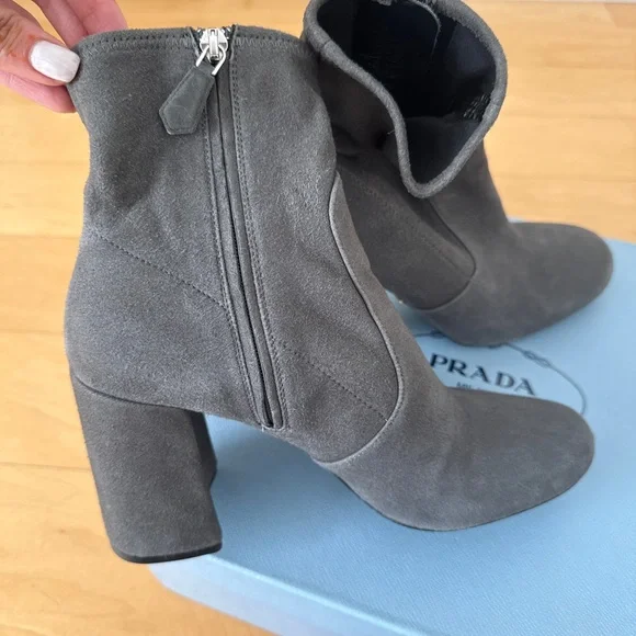 LIKE NEW Prada Suede Ankle Heeled Boots, Size 39